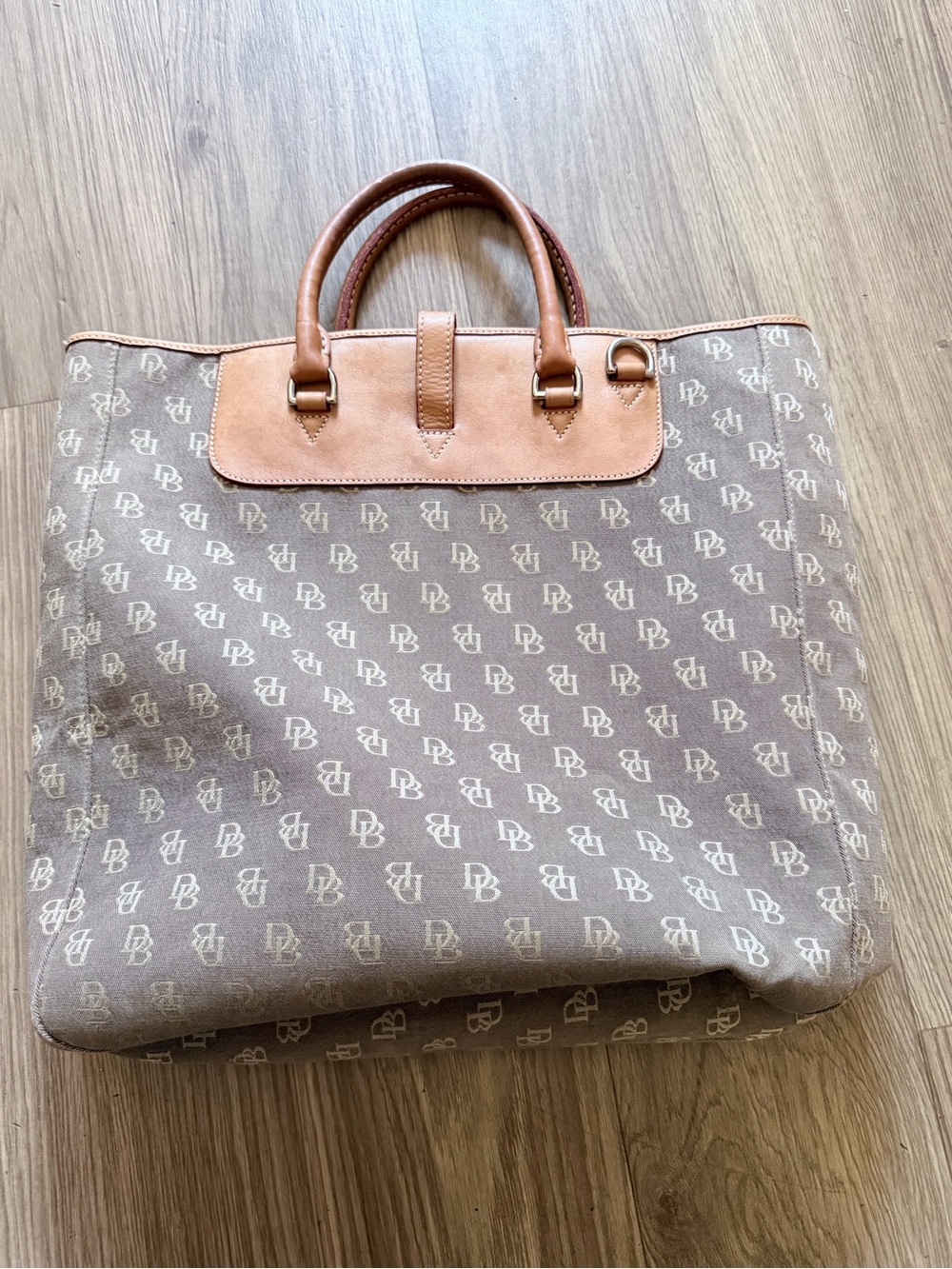 Dooney & Bourke Brown Monogram Canvas Tote with Tan Leather Trim